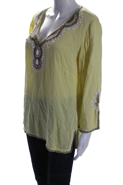 Lilly Pulitzer Womens 3/4 Sleeve Beaded Trim V Neck Blouse Yellow Size Medium