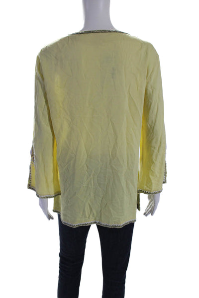 Lilly Pulitzer Womens 3/4 Sleeve Beaded Trim V Neck Blouse Yellow Size Medium