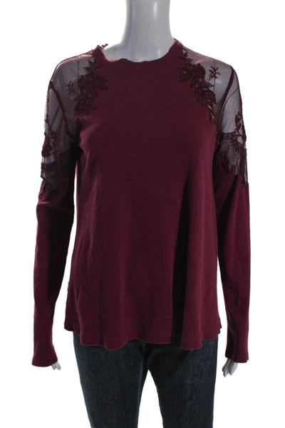 Free People Womens Long Sleeve Mesh Trim Crew Neck Knit Top Pink Size Medium