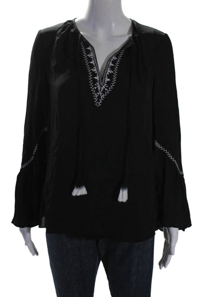 Kobi Halperin Womens Silk Embroidered V-Neck Long Sleeve Blouse Black Size XS