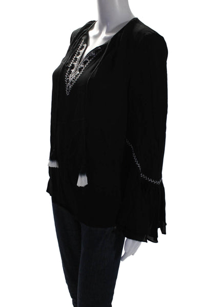 Kobi Halperin Womens Silk Embroidered V-Neck Long Sleeve Blouse Black Size XS