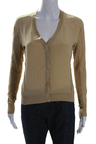 Magaschoni Womens Silk Knit Two Tone Long Sleeve Sweater Cardigan Beige Size XS