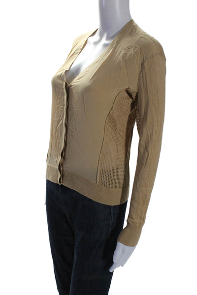 Magaschoni Womens Silk Knit Two Tone Long Sleeve Sweater Cardigan Beige Size XS