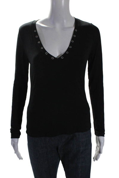 L'Agence Womens Jersey Long Sleeve Grommet Detail V-Neck Shirt Top Black Size S