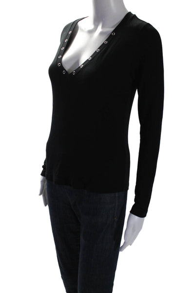 L'Agence Womens Jersey Long Sleeve Grommet Detail V-Neck Shirt Top Black Size S