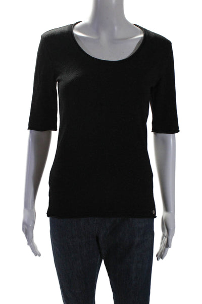 Biana Womens Metallic Merino Wool Knit Split Hem Half Sleeve Shirt Black Size S