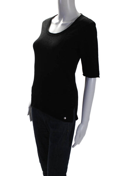 Biana Womens Metallic Merino Wool Knit Split Hem Half Sleeve Shirt Black Size S