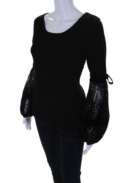 Alberto Makali Womens Long Sleeve Lace Trim Scoop Neck Top Black Size Small