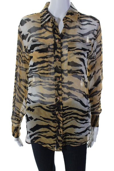 Equipment Femme Womens Silk Buttons Collar Sheer Animal Print Blouse Brown Size