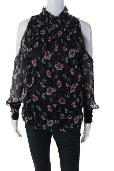 Designer Womens Silk Textured High Neck Long Sleeve Floral Blouse Black Size S