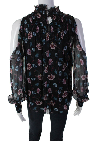 Designer Womens Silk Textured High Neck Long Sleeve Floral Blouse Black Size S