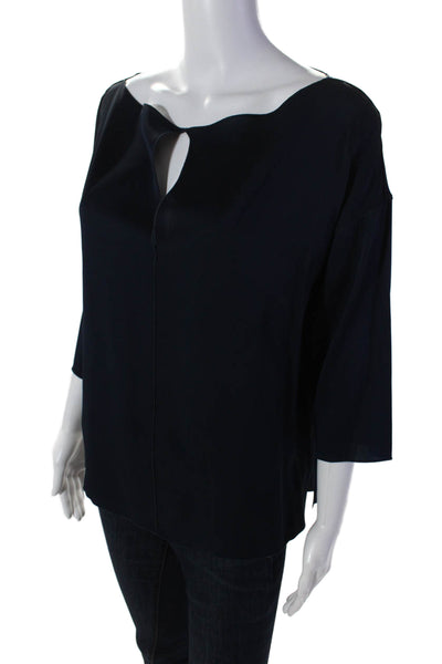 Vince Womens Silk Square Neck Long Sleeve Fitted Dress Blouse Navy Size XS