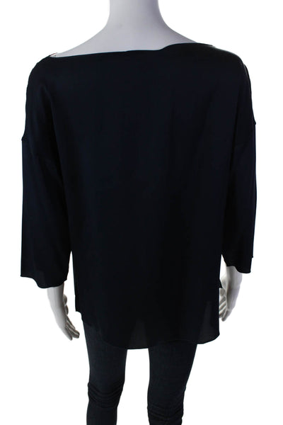 Vince Womens Silk Square Neck Long Sleeve Fitted Dress Blouse Navy Size XS