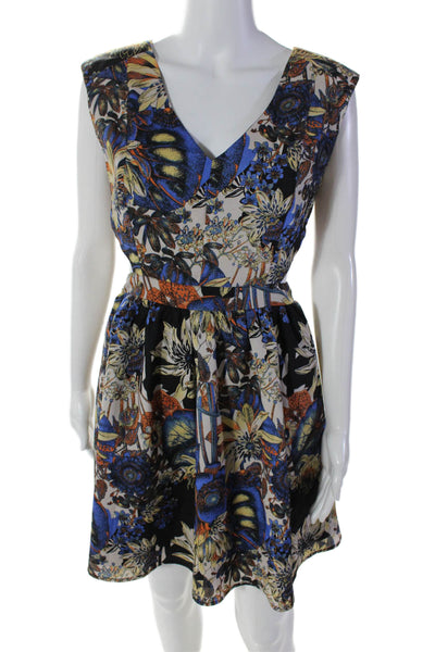 Akira Chicago Womens Navy Floral Cut Out V-Neck Fit & Flare Dress Size S