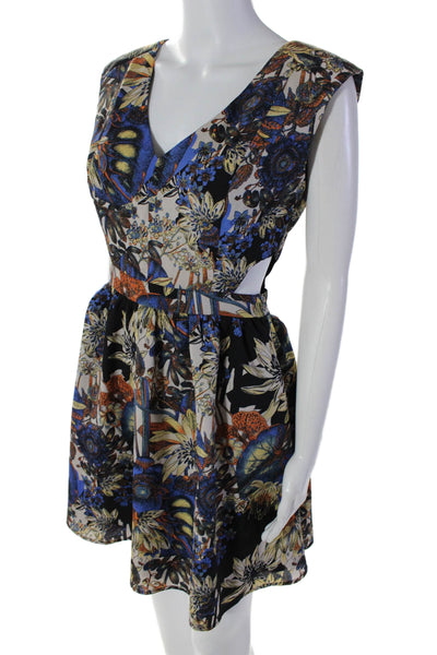 Akira Chicago Womens Navy Floral Cut Out V-Neck Fit & Flare Dress Size S