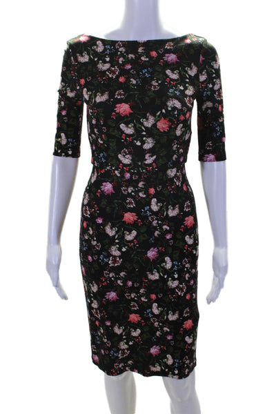 Erdem Womens Black Floral Crew Neck Zip Back 3/4 Sleeve Bodycon Dress Size 2