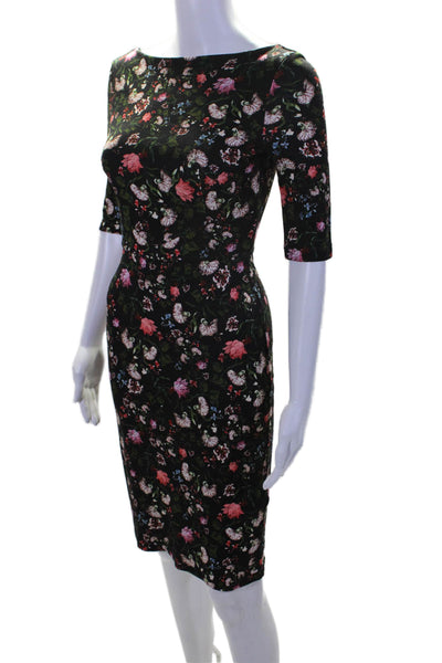 Erdem Womens Black Floral Crew Neck Zip Back 3/4 Sleeve Bodycon Dress Size 2