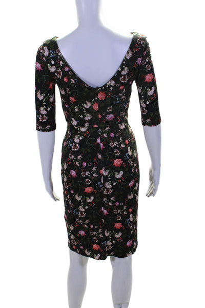 Erdem Womens Black Floral Crew Neck Zip Back 3/4 Sleeve Bodycon Dress Size 2