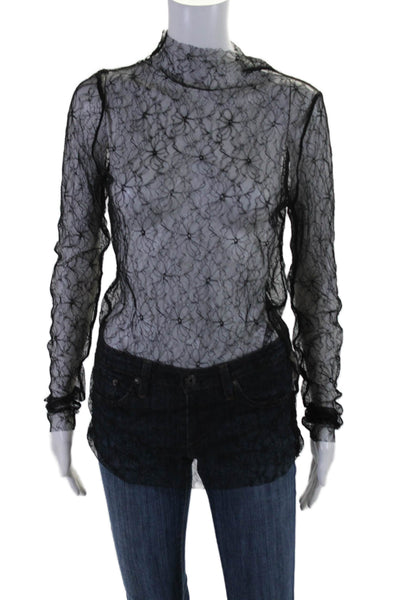 Hoffman Copenhagen Womens Sheer Lace Mock neck Long Sleeve Top Black Size EUR 38