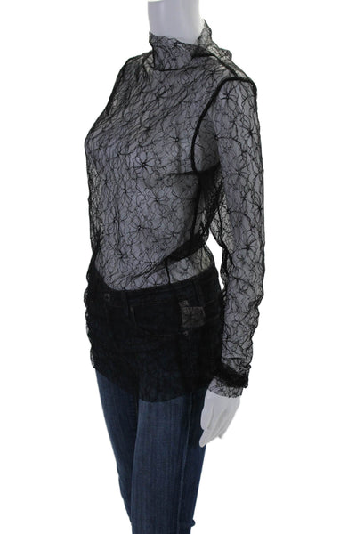 Hoffman Copenhagen Womens Sheer Lace Mock neck Long Sleeve Top Black Size EUR 38