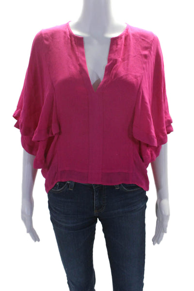 IRO Womens Textured V-neck Short Sleeve Ruffle Tier Blouse Pink Size EUR 34