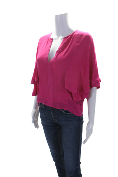 IRO Womens Textured V-neck Short Sleeve Ruffle Tier Blouse Pink Size EUR 34