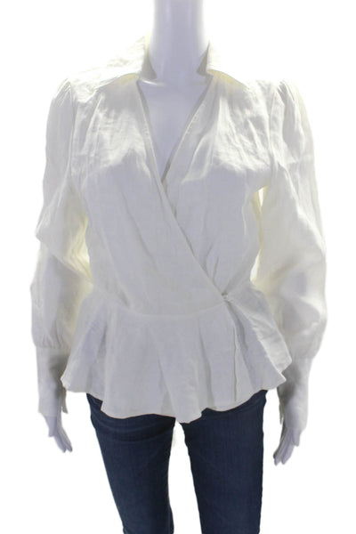 Sir. Womens Linen Collar Low Neck Button Wrap Around Ruffle Top White Size 0