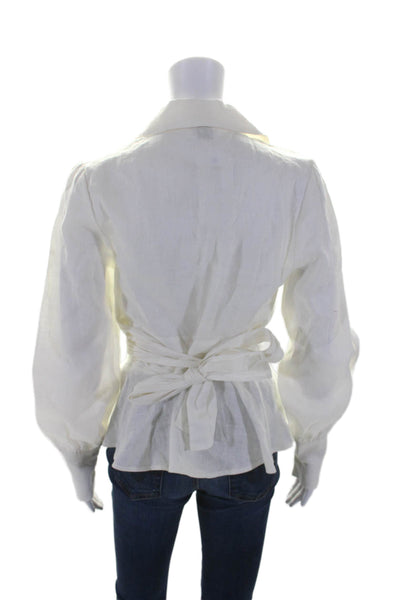 Sir. Womens Linen Collar Low Neck Button Wrap Around Ruffle Top White Size 0