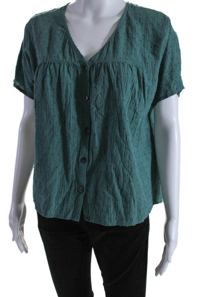 Madewell Womens Button Front Short Sleeve V Neck Shirt Green Cotton Size XS