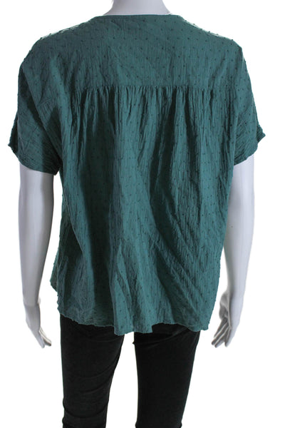 Madewell Womens Button Front Short Sleeve V Neck Shirt Green Cotton Size XS