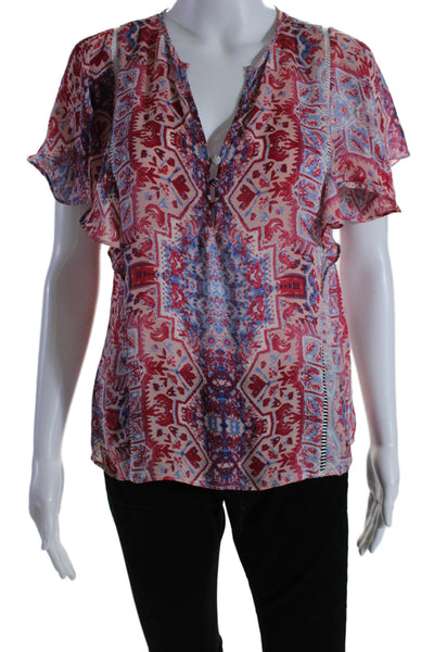 Parker Womens Short Sleve V Neck Printed Silk Top Red Blue Size Extra Small