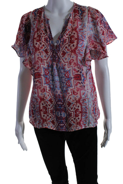 Parker Womens Short Sleve V Neck Printed Silk Top Red Blue Size Extra Small