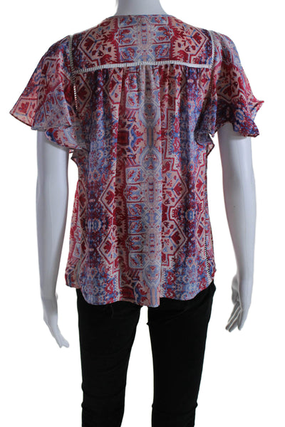 Parker Womens Short Sleve V Neck Printed Silk Top Red Blue Size Extra Small