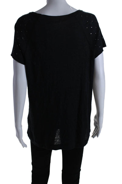 Majestic Filatures Womens Short Sleeve Scoop Neck Rhinestone Shirt Black Size 3