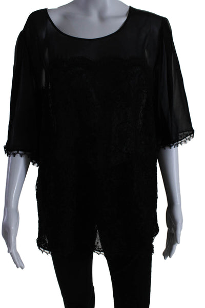 Escada Womens Short SLeeve Scoop Neck Sheer Trim Lace Top Black Size IT 46