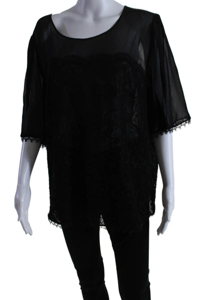 Escada Womens Short SLeeve Scoop Neck Sheer Trim Lace Top Black Size IT 46