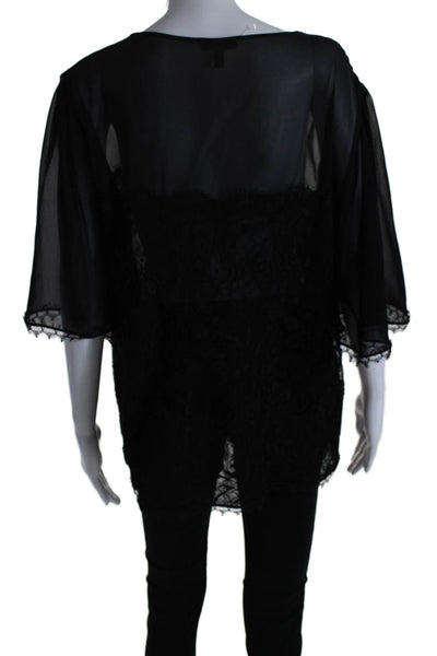 Escada Womens Short SLeeve Scoop Neck Sheer Trim Lace Top Black Size IT 46