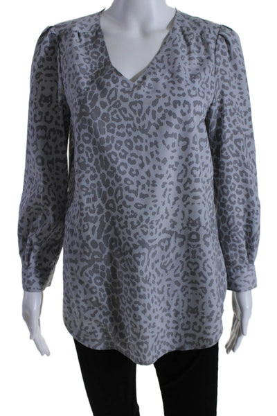 Cynthia Steffe Womens Long Sleeve V Neck Leopard Print Top Gray Size Small