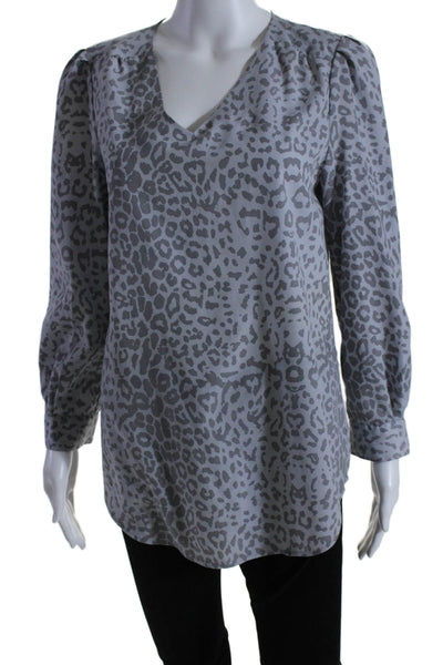 Cynthia Steffe Womens Long Sleeve V Neck Leopard Print Top Gray Size Small