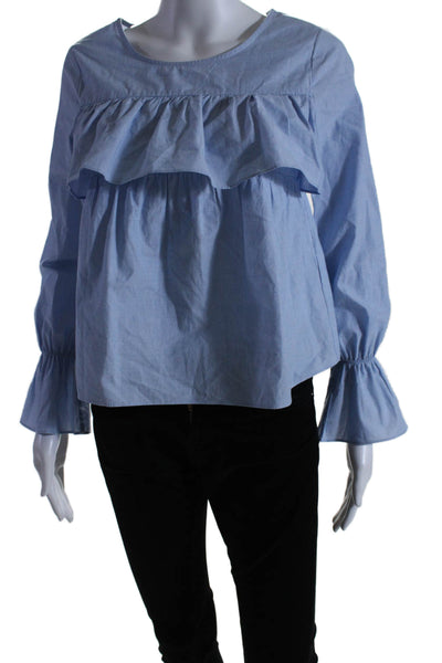 Joie Womens Long Sleeve Ruffled Scoop Neck Top Blue Cotton Size 2XS