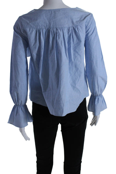 Joie Womens Long Sleeve Ruffled Scoop Neck Top Blue Cotton Size 2XS