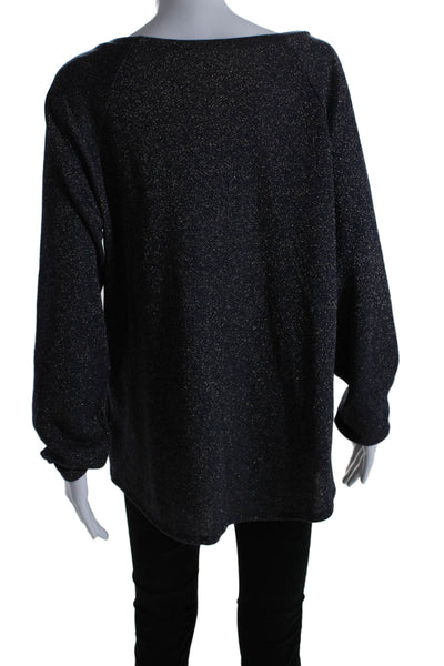 Terez Womens Long Sleeve Tie Front Scoop Neck Metallic Knit Sweater Navy Large