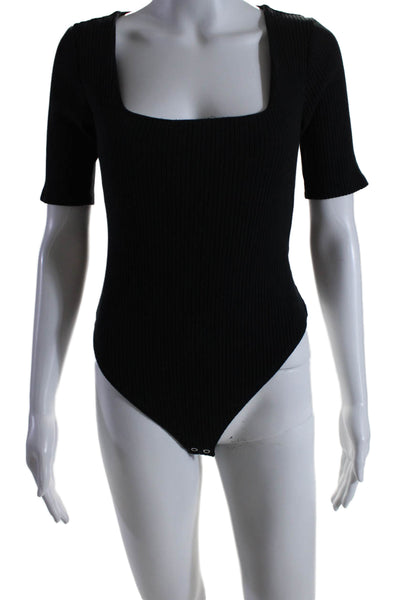 Good American Womens Button Bottom Short Sleeve Ribbed Bodysuit Black Size 2