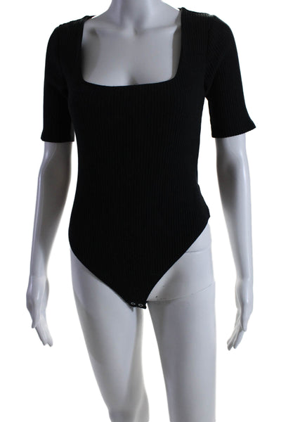 Good American Womens Button Bottom Short Sleeve Ribbed Bodysuit Black Size 2