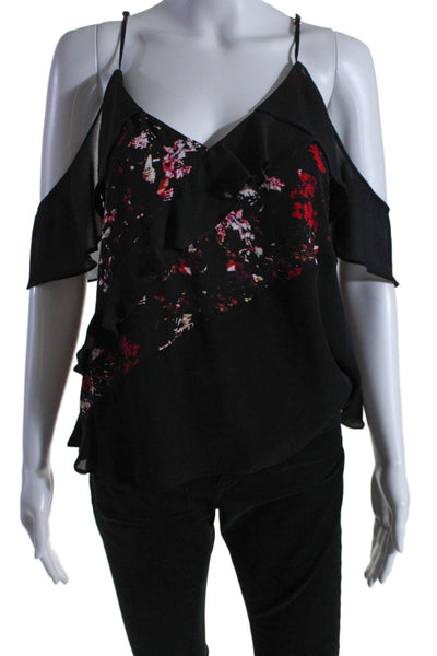 Parker Womens Cold Shoulder V Neck Floral Trim Silk Top Black Red Size XS