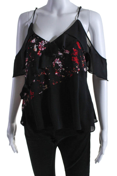 Parker Womens Cold Shoulder V Neck Floral Trim Silk Top Black Red Size XS