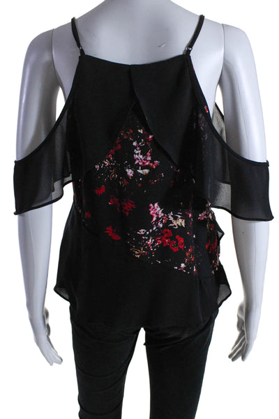 Parker Womens Cold Shoulder V Neck Floral Trim Silk Top Black Red Size XS