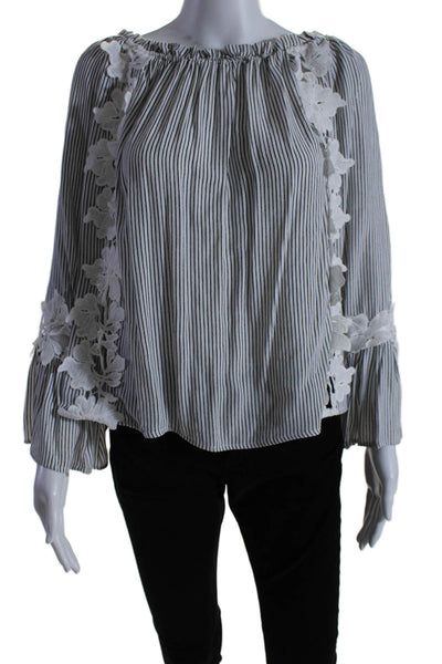 Alberto Makali Womens Long Sleeve Floral Embroidered Striped Top White Black XS