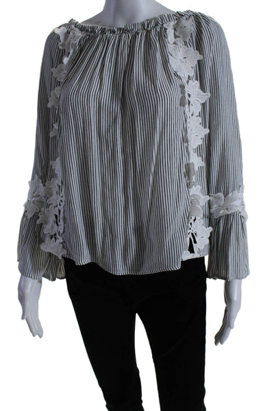 Alberto Makali Womens Long Sleeve Floral Embroidered Striped Top White Black XS