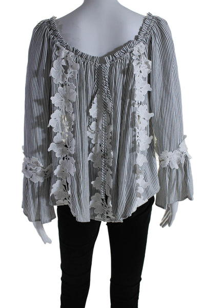 Alberto Makali Womens Long Sleeve Floral Embroidered Striped Top White Black XS